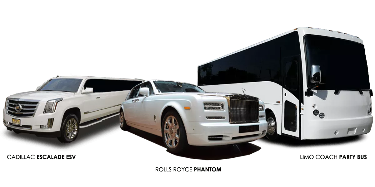 Images of the Cadillac Escalade ESV Limousine, Rolls Royce Phantom and the 42p limo coach party bus on display